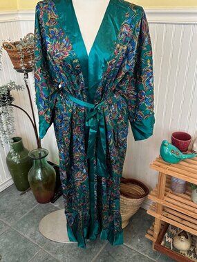 Vintage 90s Victoria's Secret Teal & Multicolor Floral Satin Kimono Robe NWT M/L